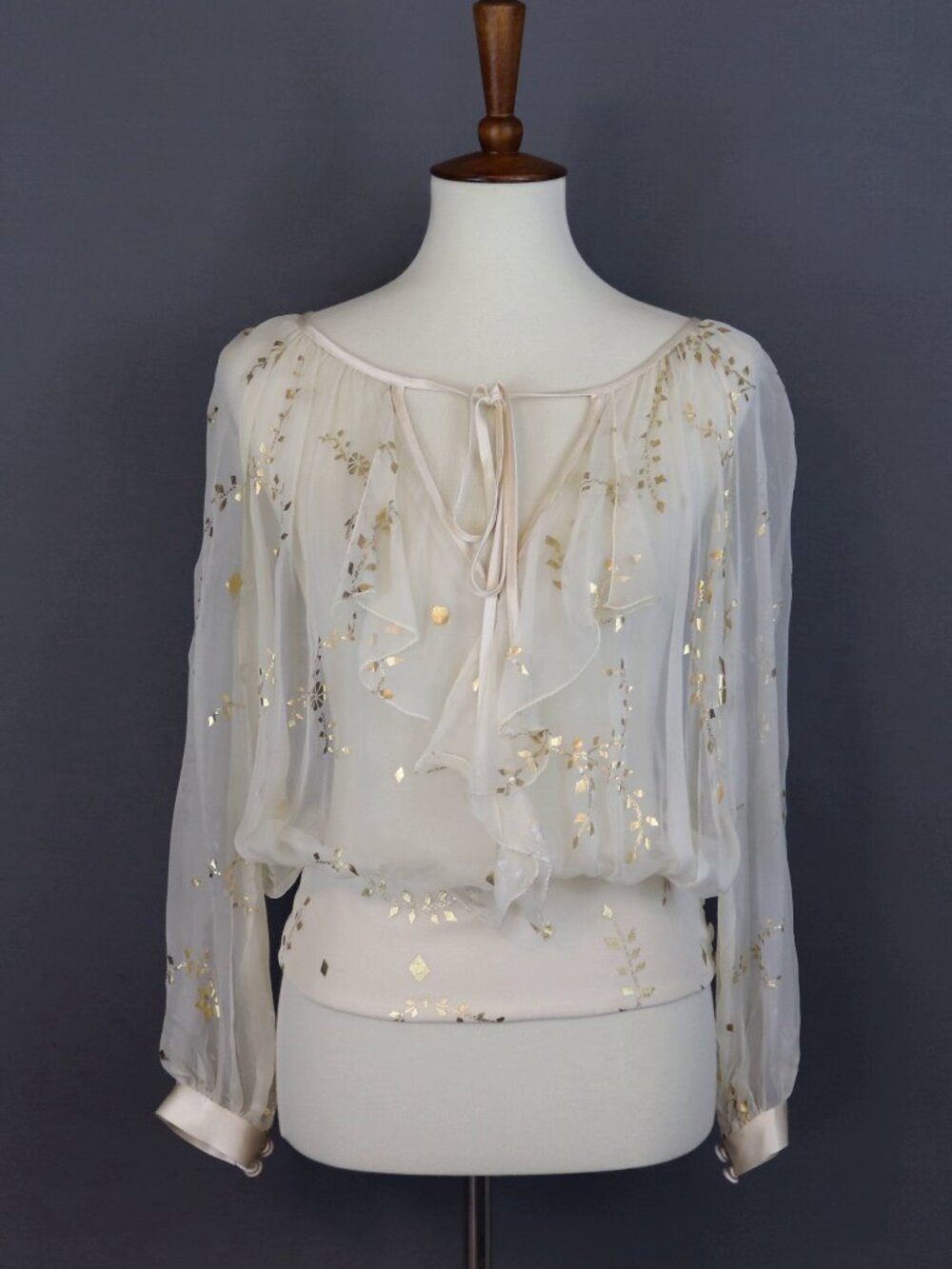 Temperley London 4 Silk Top Long Sleeve Sheer Ivory Gold Blouse Sheer Ruffle Tie
